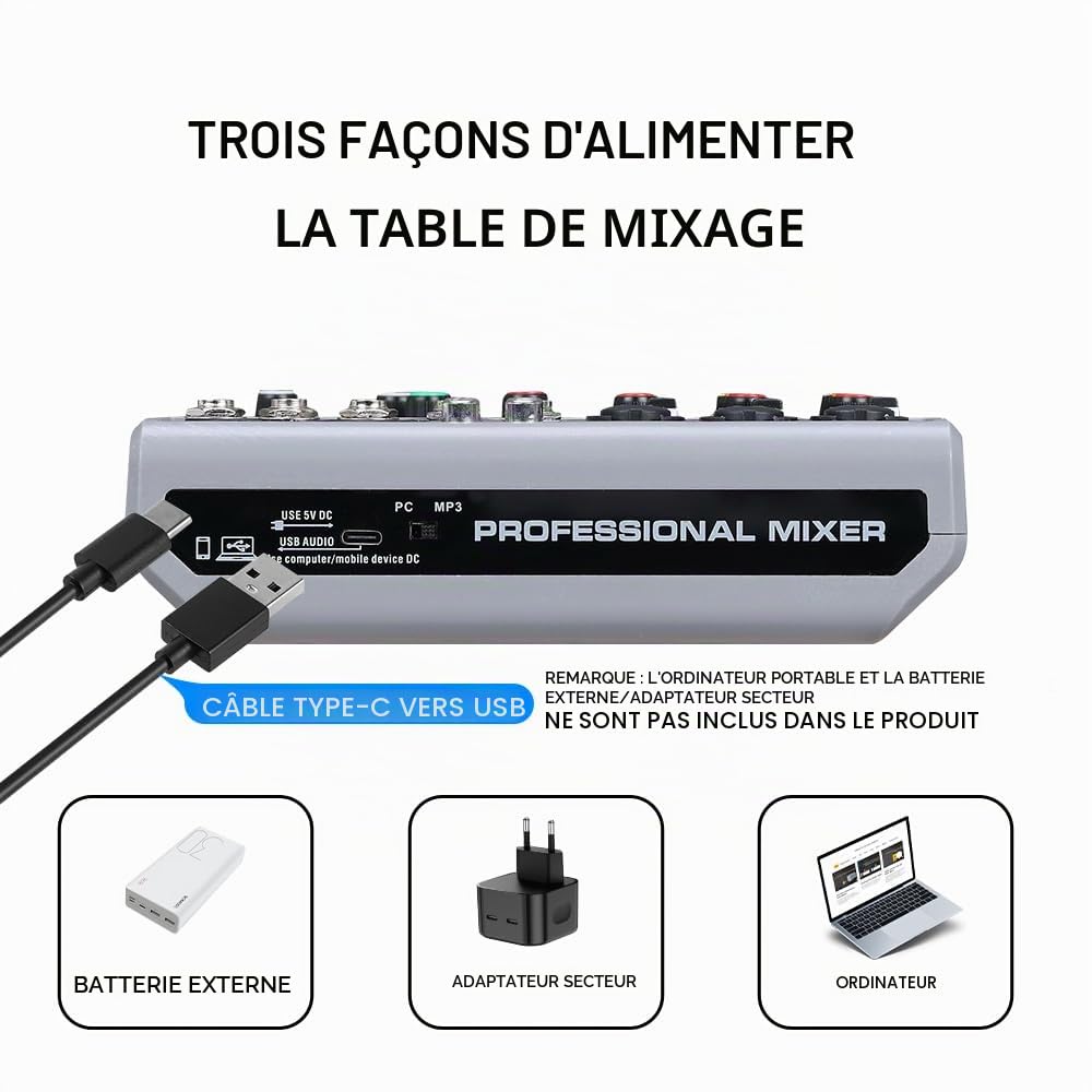 BOMGE Table de mixage audio, console de mixage avec 5 canaux numériques USB Bluetooth, effet retard d'écho, alimentation fantôme 48 V, mixeurs DJ stéréo pour enregistrement, diffusion en direct,