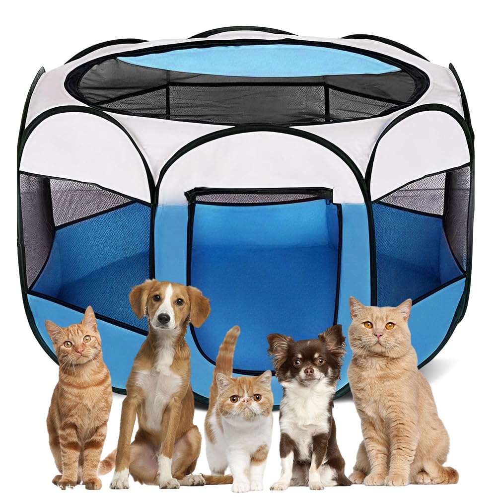 Recinto pieghevole per cuccioli e cani 74x74x43cm, recinto per gatti, recinto per piccoli animali per casa, recinto per cani, gatti e conigli per interni ed esterni (Blu)