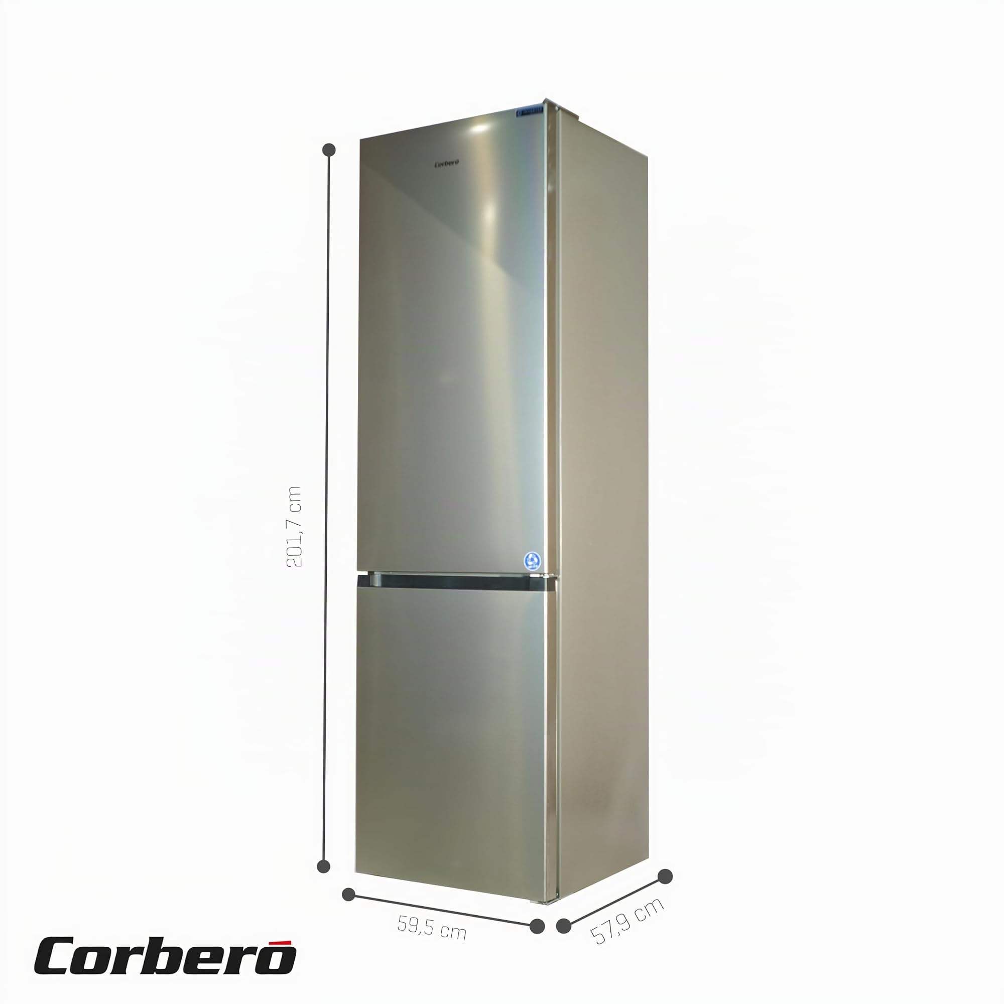 Corberó - Frigorífico Combi | CCM200834NFX | 336L | 57,9x59,5x202 | No Frost | Inverter | Luz LED | Fresh Box | Crisper | Balcones Ajustables | Estantes de Cristal | Huevera | 35 Db | Inox
