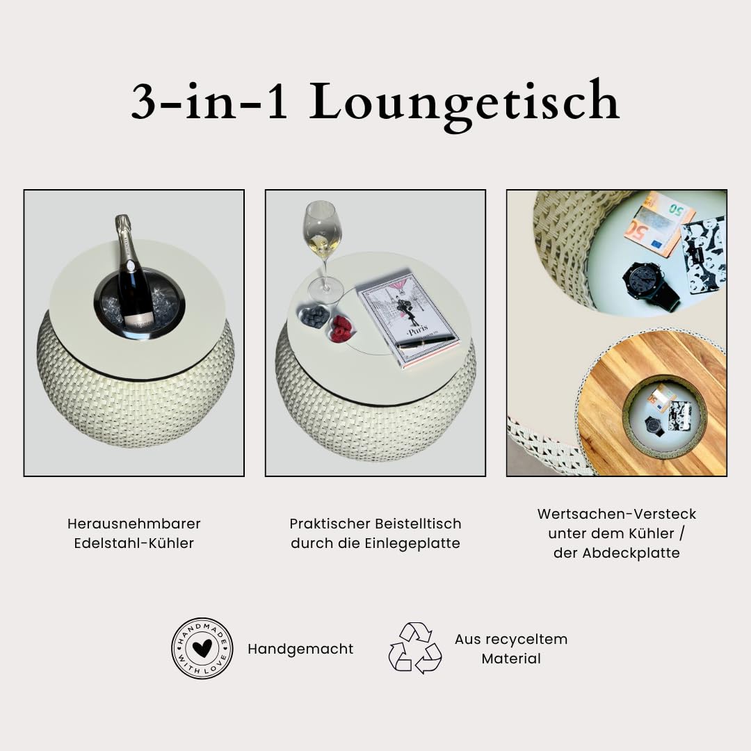 Beistelltisch Milano mit Kühlfunktion & integriertem Edelstahl-Getränkekühler | 3-in-1 Outdoor Loungetisch für Garten, Terrasse & Balkon | wetterfest & UV-beständig | Champagne