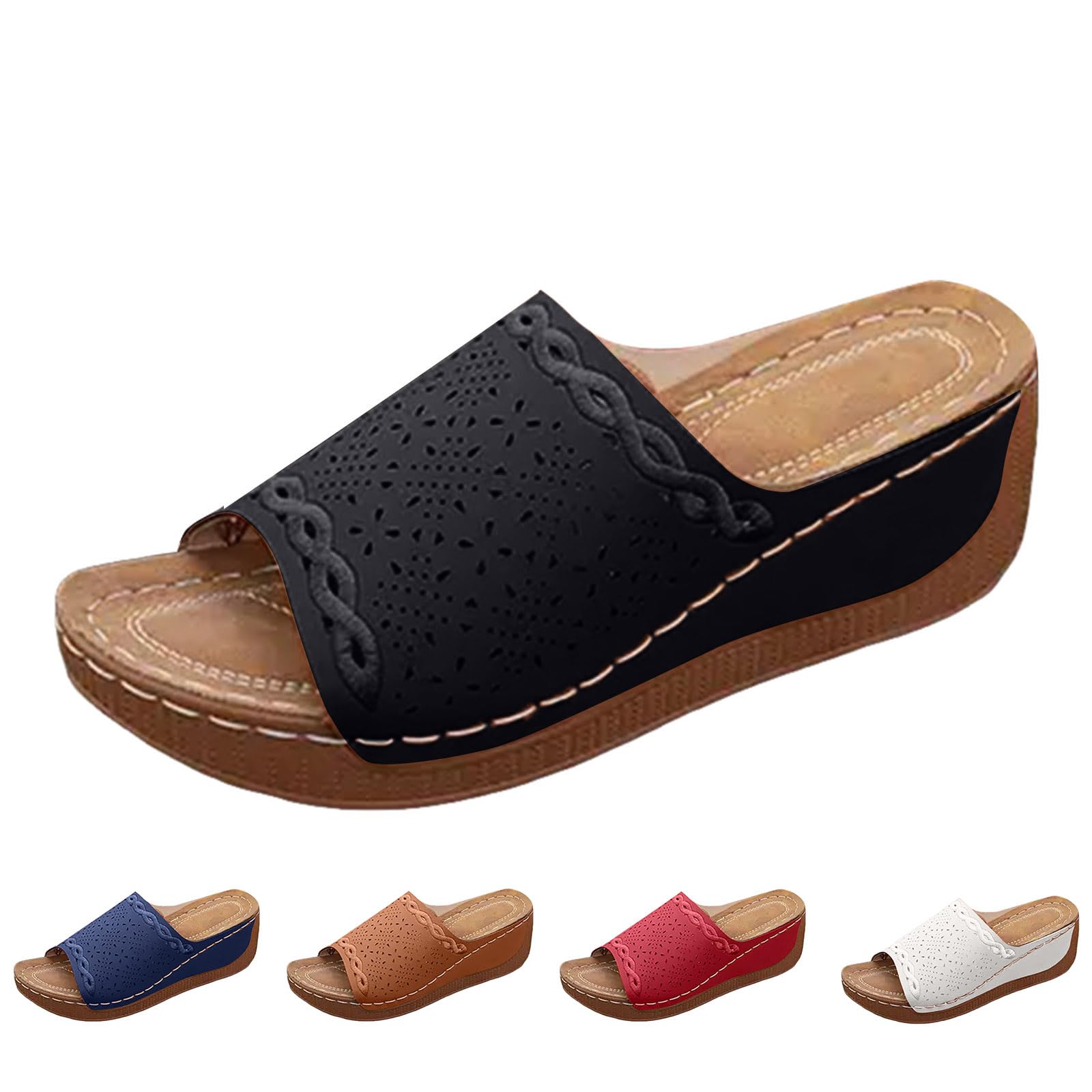Orthopedic Sandals for Women, Comfortable Arch Support Slides Slip on Dressy Summer Fashion Orthotic Slides Leather Platform Wedge Sandals Ladies