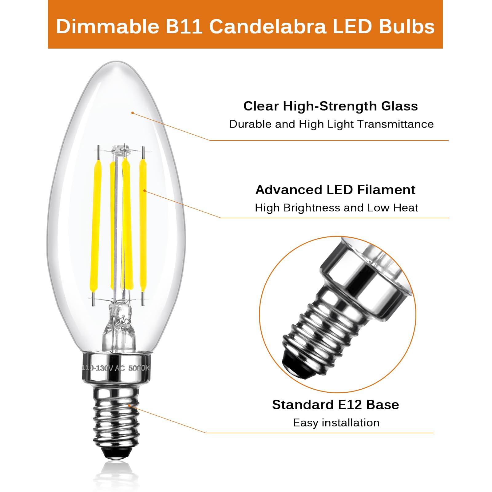 Brtstiun C35 dimmbare LED-Kerzen-Leuchtmittel, entspricht 40 Watt, 5000 K Tageslichtweiß, 470 Lumen, E12 4 W B11 Deckenventilator und Kronleuchter, 12 Stück