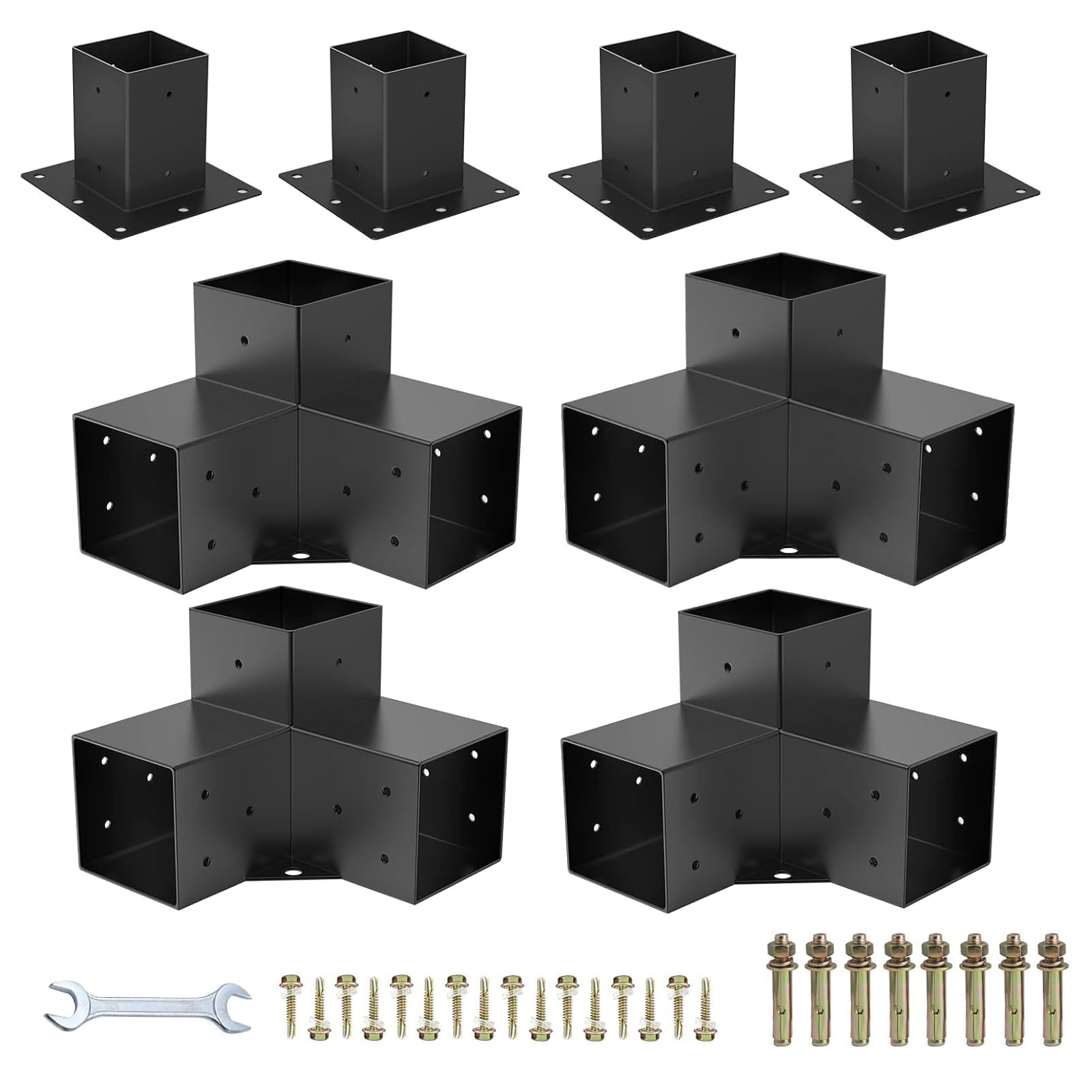Kit de Soportes de Esquina 3 Vías 90° para Pérgola, Postes de Madera 100×100 mm, Fácil Montaje, para Cenadores y Estructuras Exteriores, 8 uds