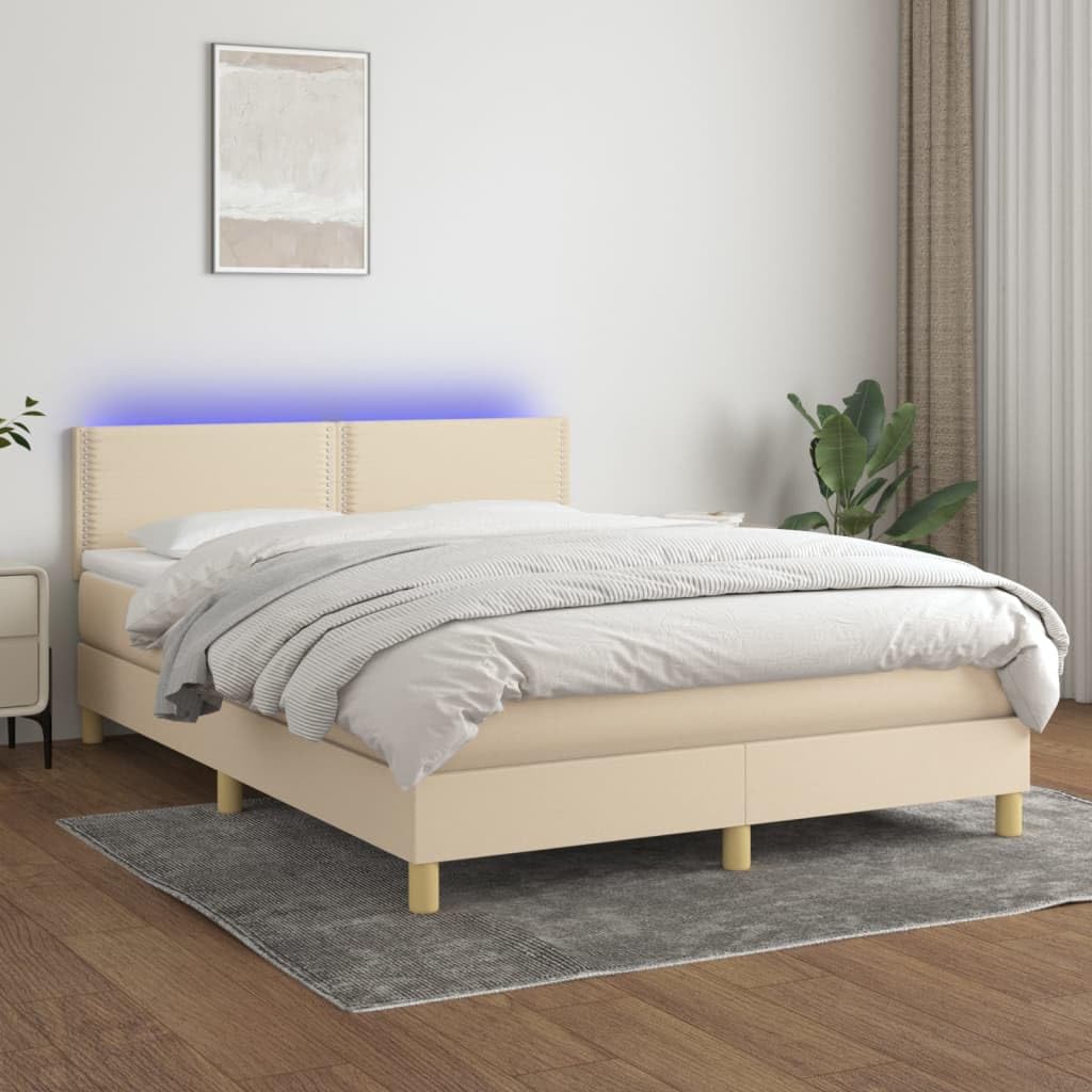 Tkanina z regulowanym zagłówkiem LED 140x200 cm Kremowy | Łóżko kontynentalne 140x200 cm z materacem kieszeniowym i LED, kremowe, tkanina, z regulowanym zagłówkiem do sypialni
