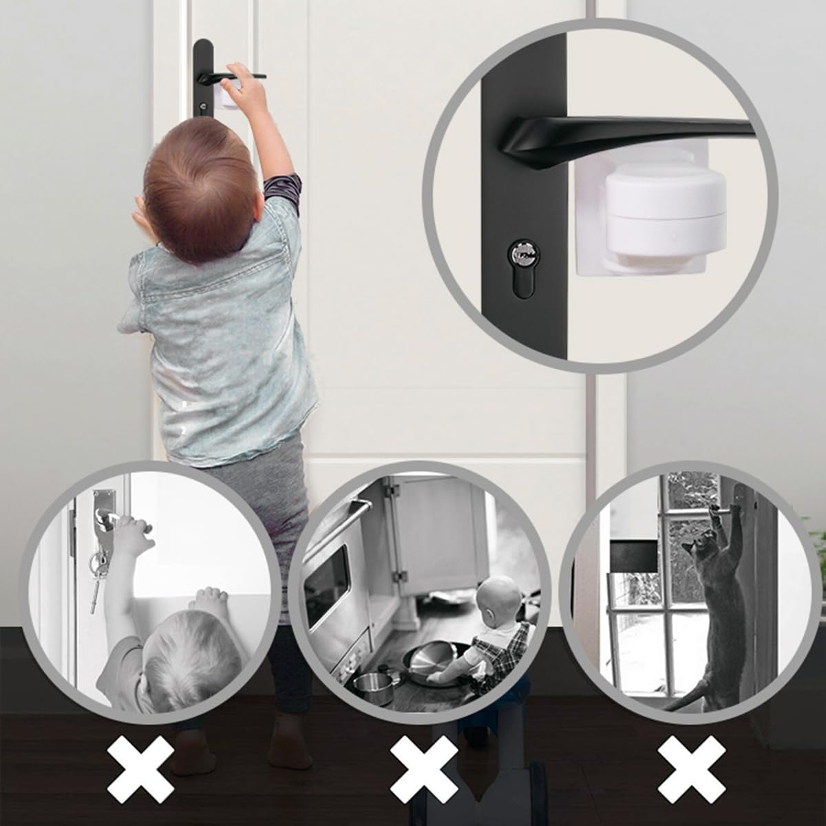 Cerradura de puerta a prueba de niños, paquete de 6 cerraduras de manija de puerta a prueba de bebés con adhesivos, cerraduras de seguridad para niños sin taladrar para proteger a niños y niños