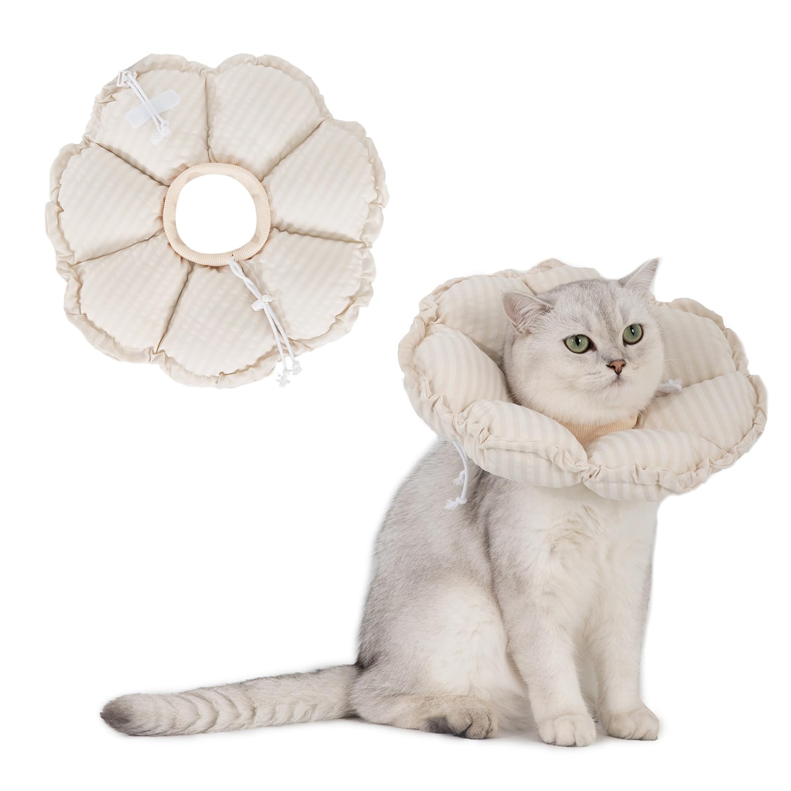 Cat Cone Collar，Cute Adjustable Recovery Collar，Cat Cones To Stop Licking That can Protect Head and Foot Wounds，Beige Flower All-Season Style(L) — image 1
