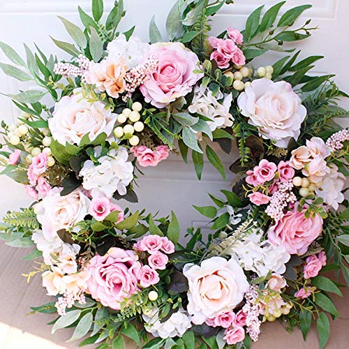 Peony Wreaths 56cm Large Full Handmade Spring Summer Wreaths with Artificial Champagne Pink Rose Blue Berry Green Leaves for All Year All Seasons Round Outdoor Farmhouse Front Door Decor