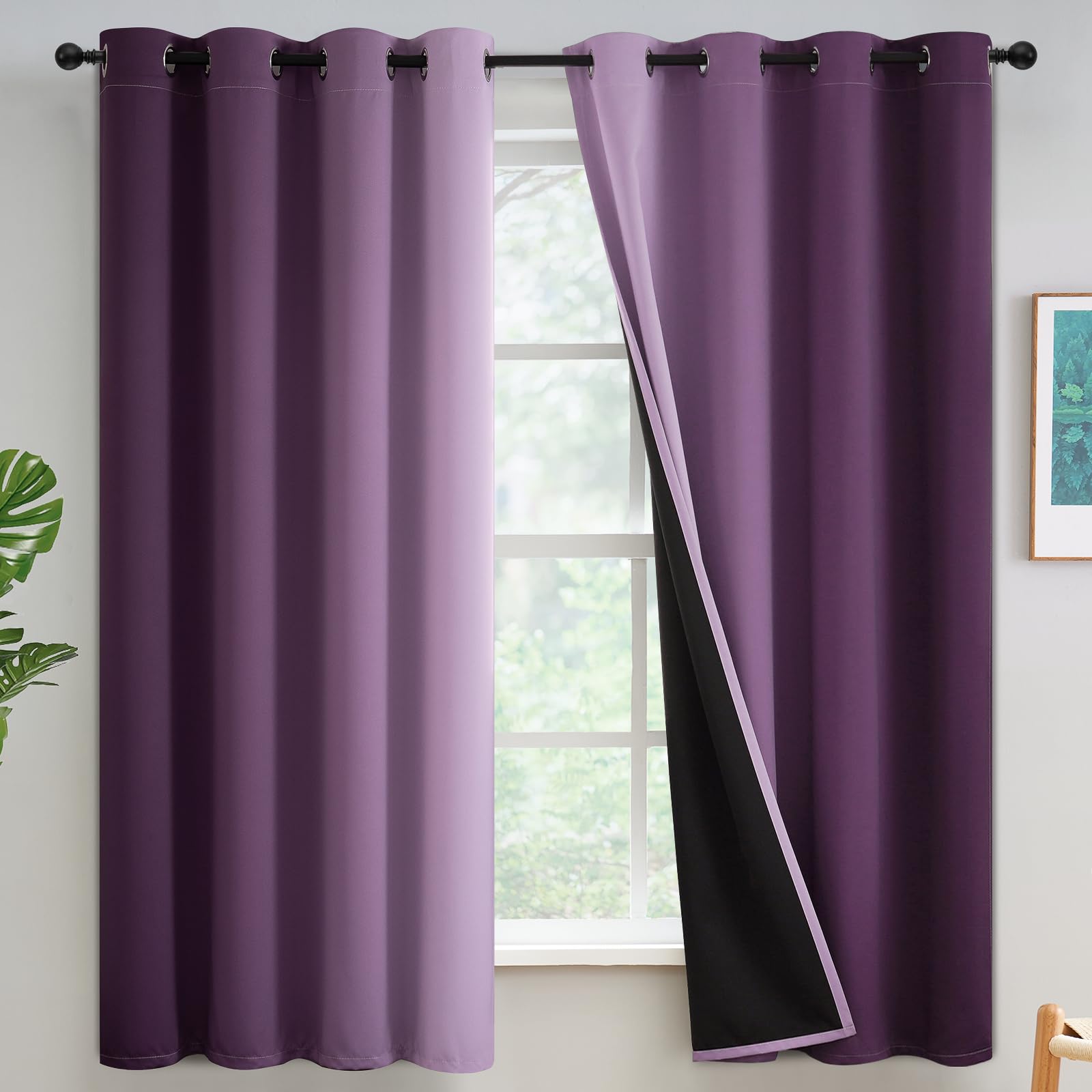 Yakamok Purple Blackout Curtains 63 inches Long for Living Room