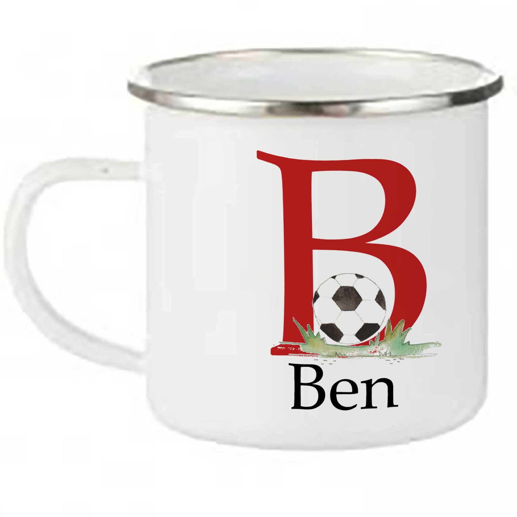 Tigerlilyprints Personalised Football Red Camping Enamel Cup Mug, Easter Gift, Birthday Gift Idea, Toddler Friends Mug Girl Boy Gift