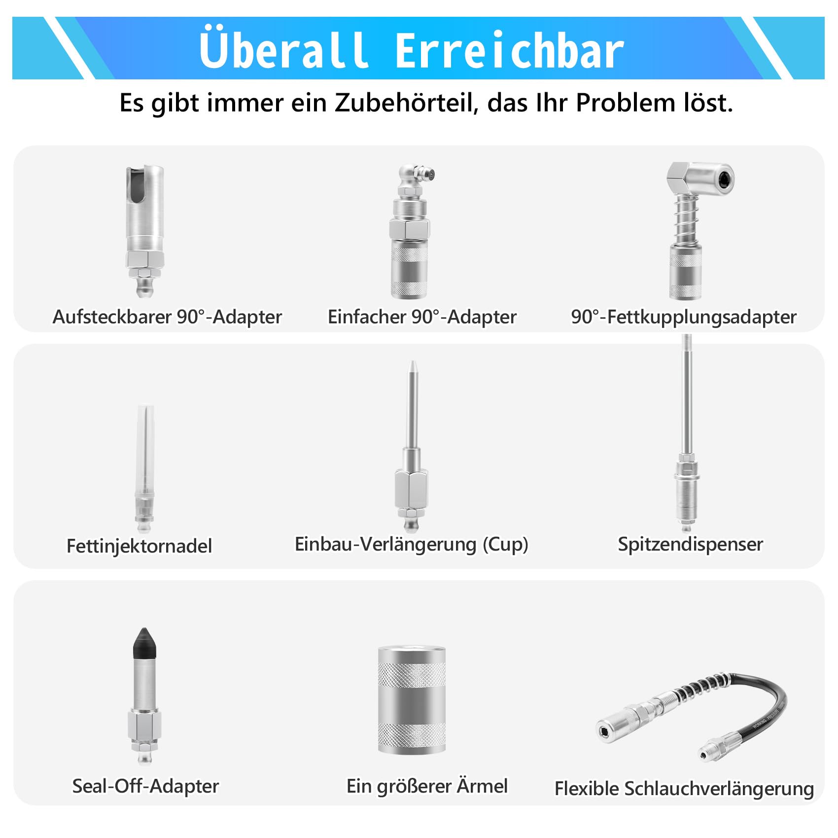 Fettpressenkupplungen, 9-teiliges Schnellverbindungs-Fettzubehör-Set mit Fettpressenspitzen,12" Schlauch Fettpresse Kupplung und Aufrolltasche, Ideal für Alle Arten von Fettpressen
