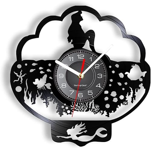 Generic Mermaid Design Wall Clock, 12 inch Vintage Vinyl Record, Black, Analog, Quartz Movement, Suitable for Home Decoration