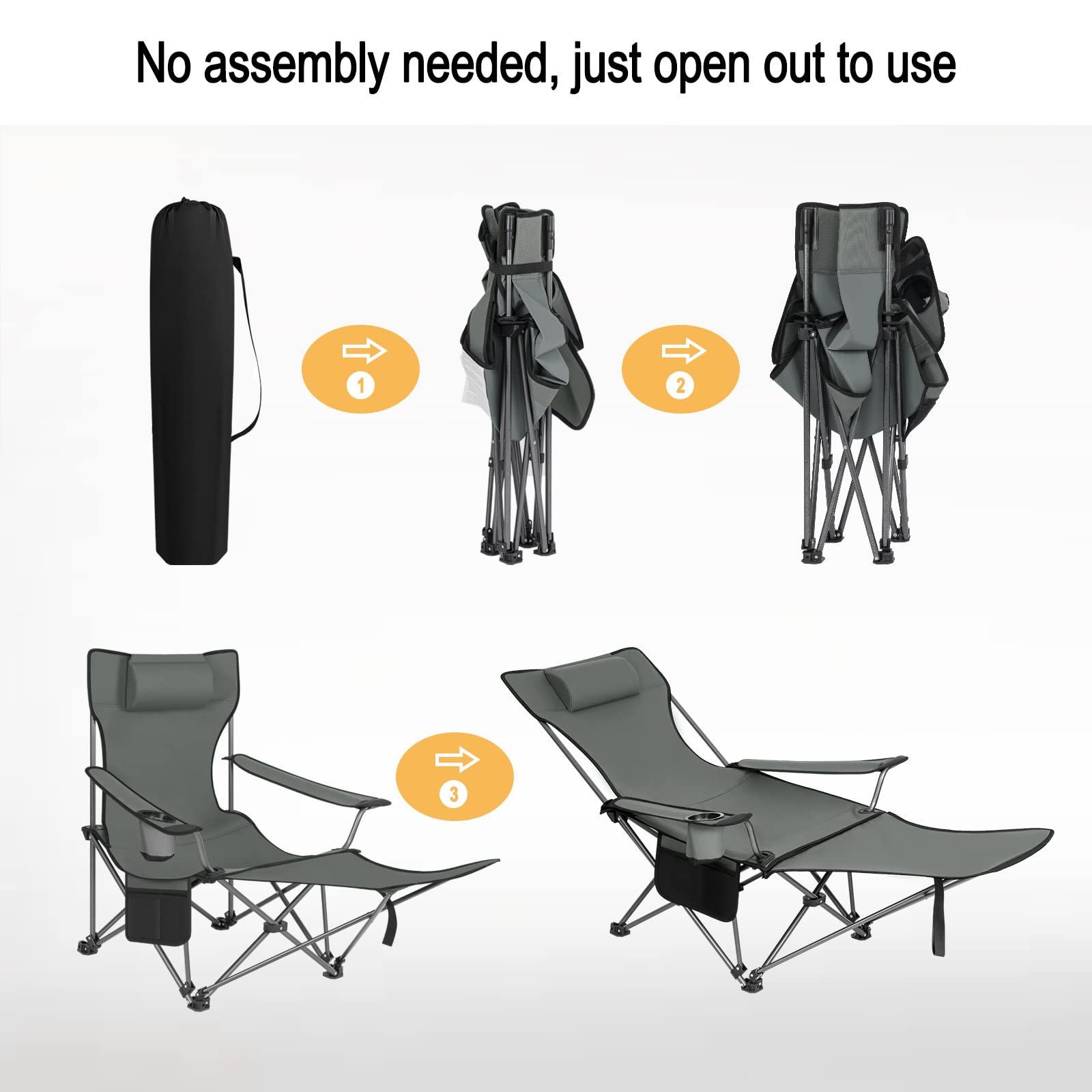 WOLTU Chaise de Camping Pliante, Fauteuil de Pêche avec Repose-Pied et Appui-tête Amovible, Sac de Transport, pour Activités en Plein Air, Gris