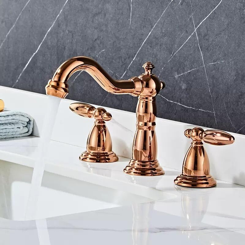 Robinet de lavabo en laiton rose gold à 3 trous pour salle de bain