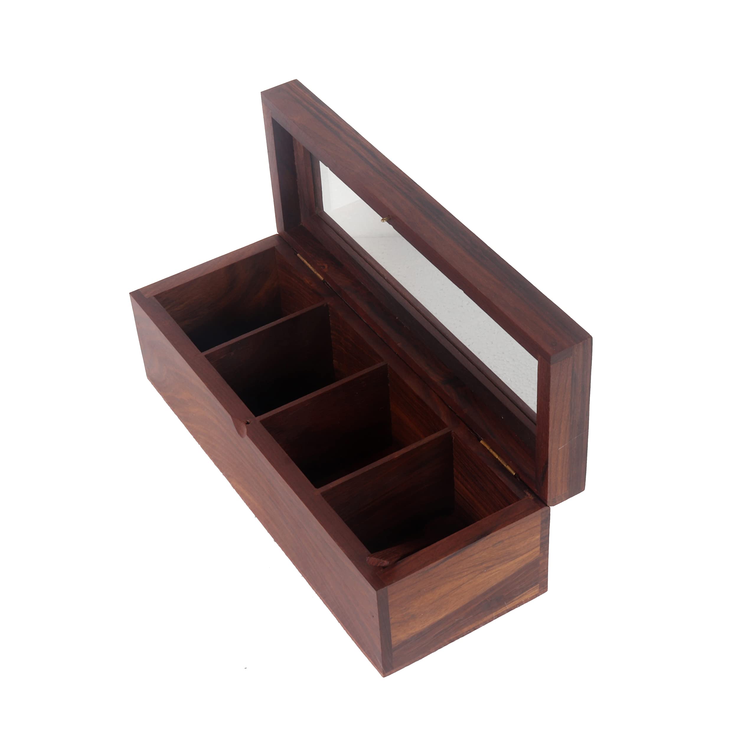 Scatola di spezie in legno Masala Dabba Spice Rack Vasetti da tavolo da cucina per uso domestico e cucina, 4 spezie divisorie con cucchiaio e vetro superiore (marrone)
