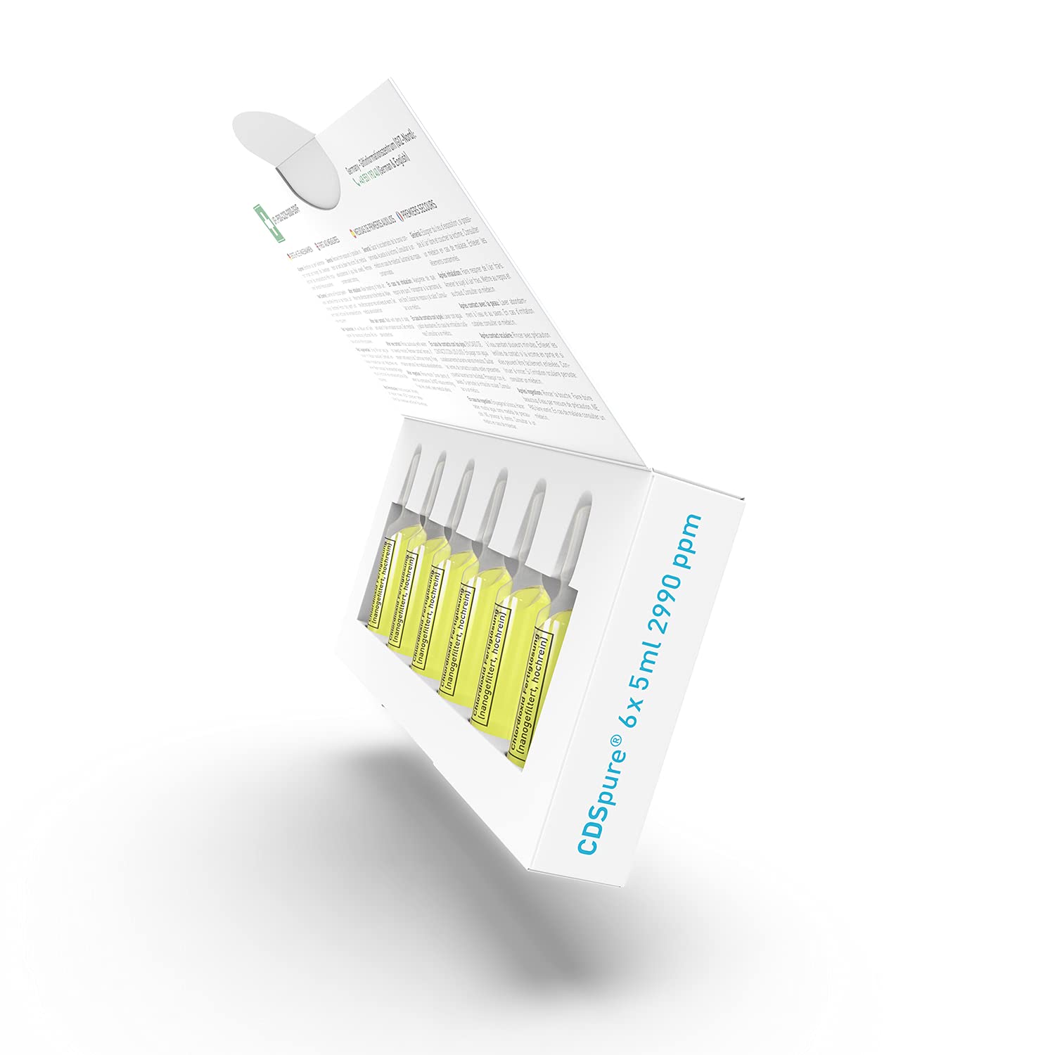 CDSpure 6x5ml I nano-gefilterte Chlordioxid-Fertiglösung (0,299%) in Klarglas Ampullen I 5 Jahre ungekühlt haltbar I 2990ppm I CDL Tropfen I Premium CDS I Das Original