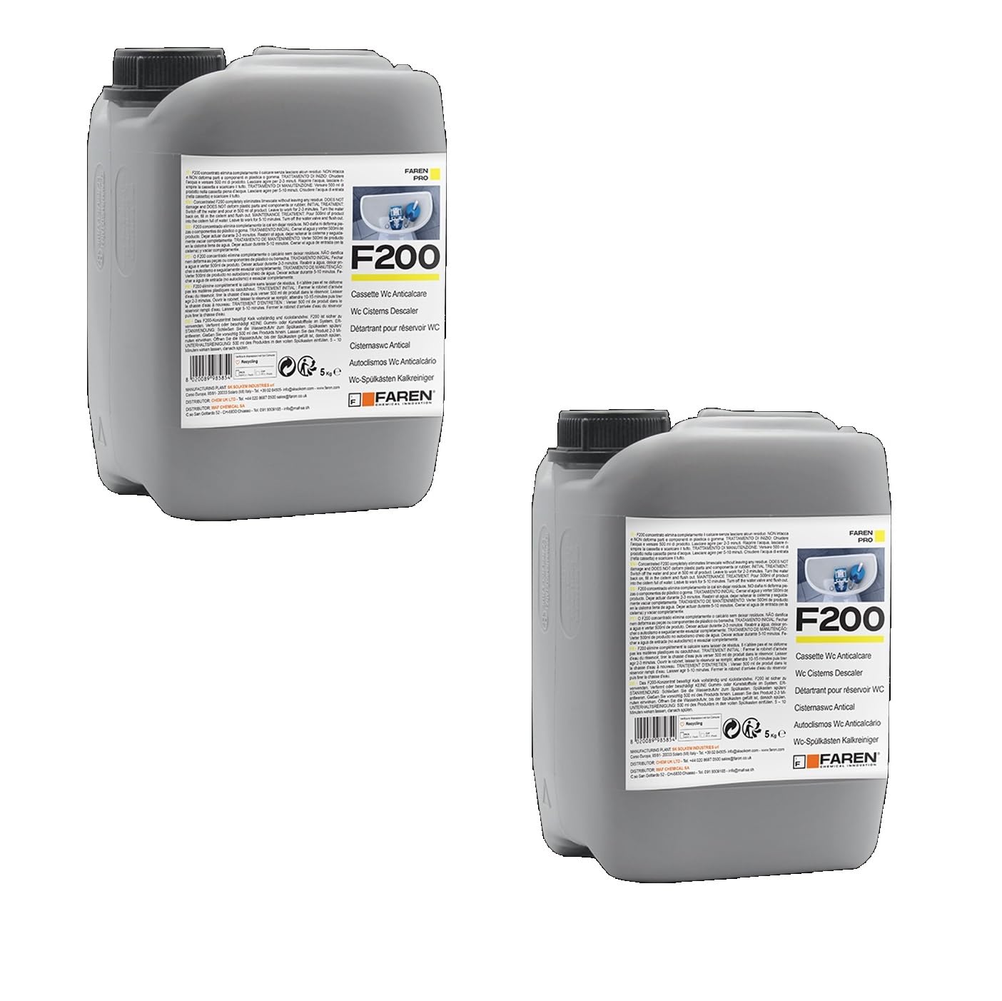 FAREN, Disincrostante Anticalcare F200, Elimina Incrostazioni di Calcare dalle cassette di scarico, Sicuro su Plastiche e Gomme, Efficiente ed Economico, 5lt (2, Latta 5lt)
