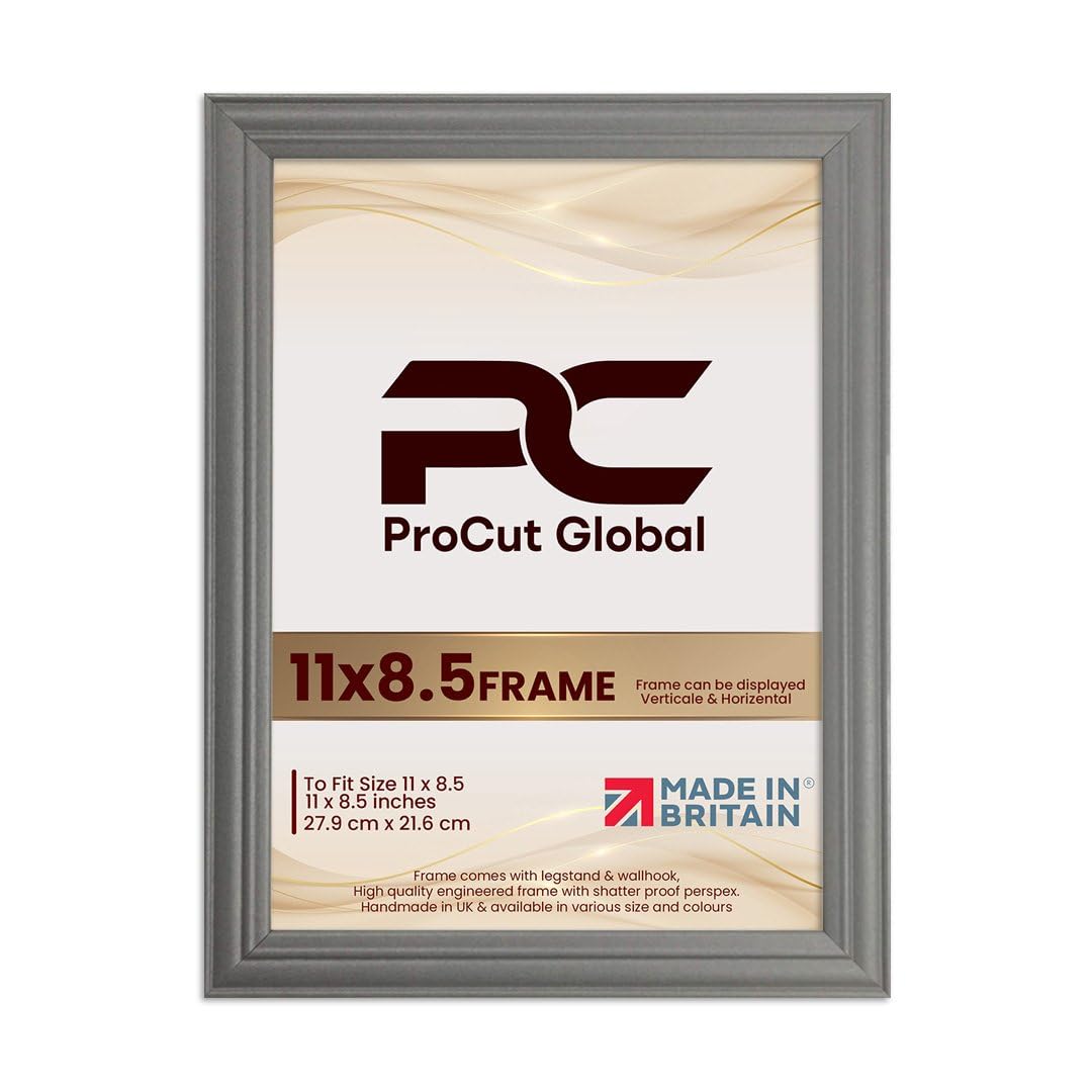 Procut Global 11X8.5 Dark Grey Picture Frames - Classic Wooden Photo Frame with Shatterproof Perspex for Wall or Tabletop - Perfect for Posters, Certificates & Prints - Sizes & Colors Available