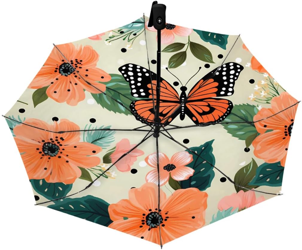 Vintage Floral Butterfly Peony Folding Umbrella Windproof Compact Lightweight Travel Umbrella with 8 Reinforced Ribs, Portable UV Sun & Rain Protection for Men & Women