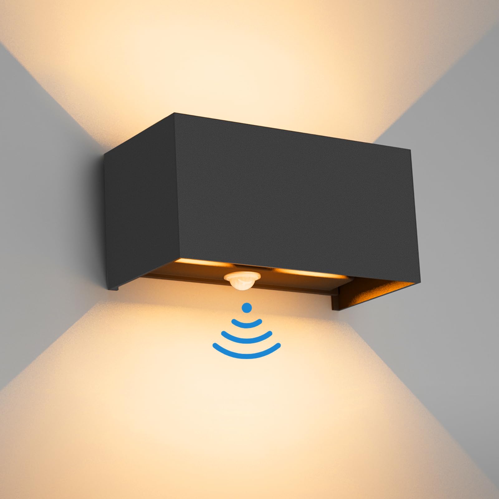 Klighten Aplique de pared con sensor de movimiento,24W Aplique pared exterior/interior con haz de luz ajustable, 3000K blanco cálido, Lámparas de pared Ip65 con sensor,Negro