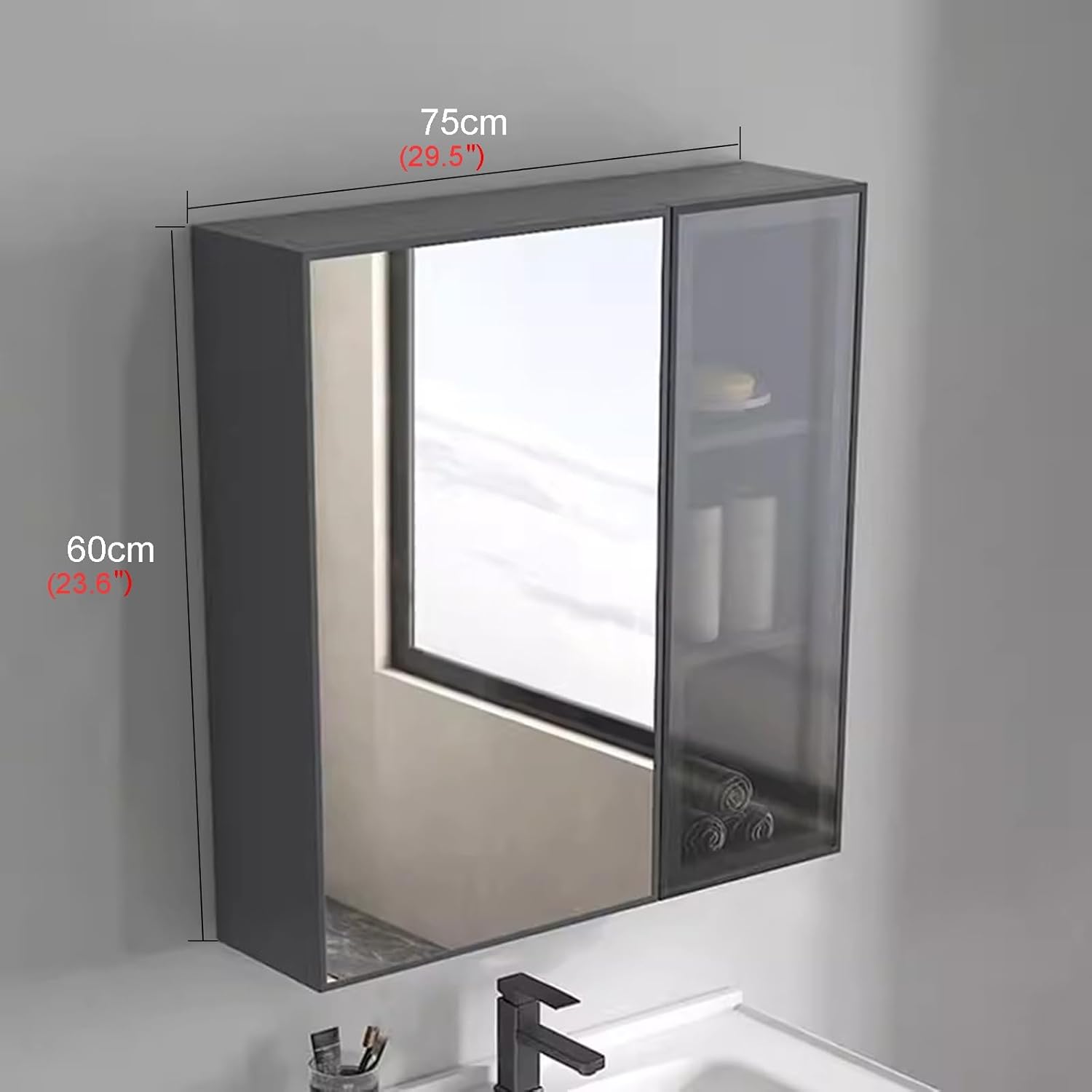 Bathroom Mirror Cabinet Bathroom Mirror Cabinet Aluminum Mirror Cabinet Water Proof and Rustproof Square Double Door Mirror Cabinet Small Storage Hanging Cabinet Space Saving(75cm)