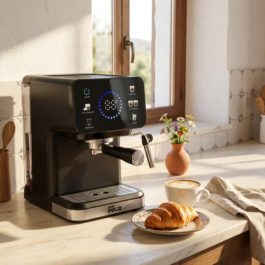 Don Feliz Máquina de café Digital, 20 Bar, 1350W, Cafetera Compatible con cápsulas Nespresso, Pantalla LCD, Vaporizador Acero Inoxidable, Depósito 1.5L