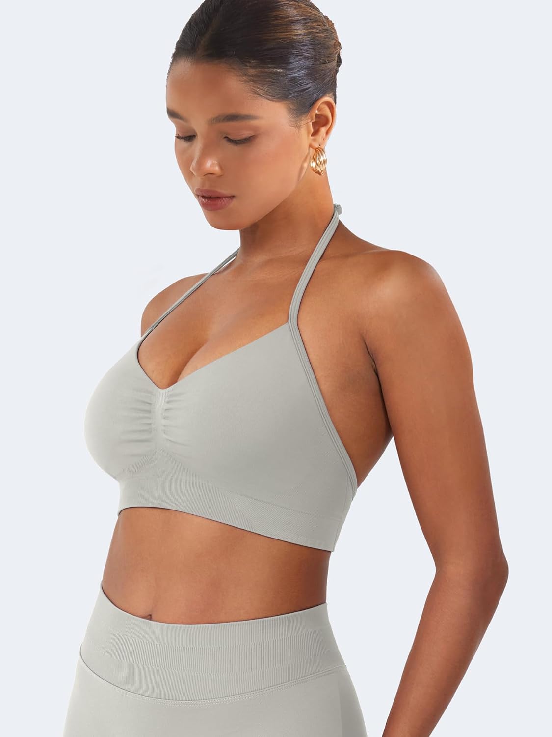 YEOREO SoftHue Women Halter Sports Bra Impact Longline Strappy Bra V Neck Padded Open Back Workout Gym Crop Top - Image 5