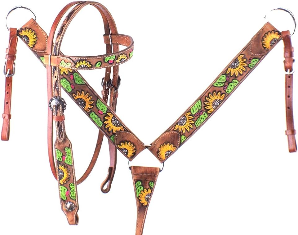 Western Headstall Breast Collar Reins Set Leather Hand Carved Tooled Equestrian Trail Horse Saddle Tack Set Full Cob Pony ST-HTS-059 (Cob)