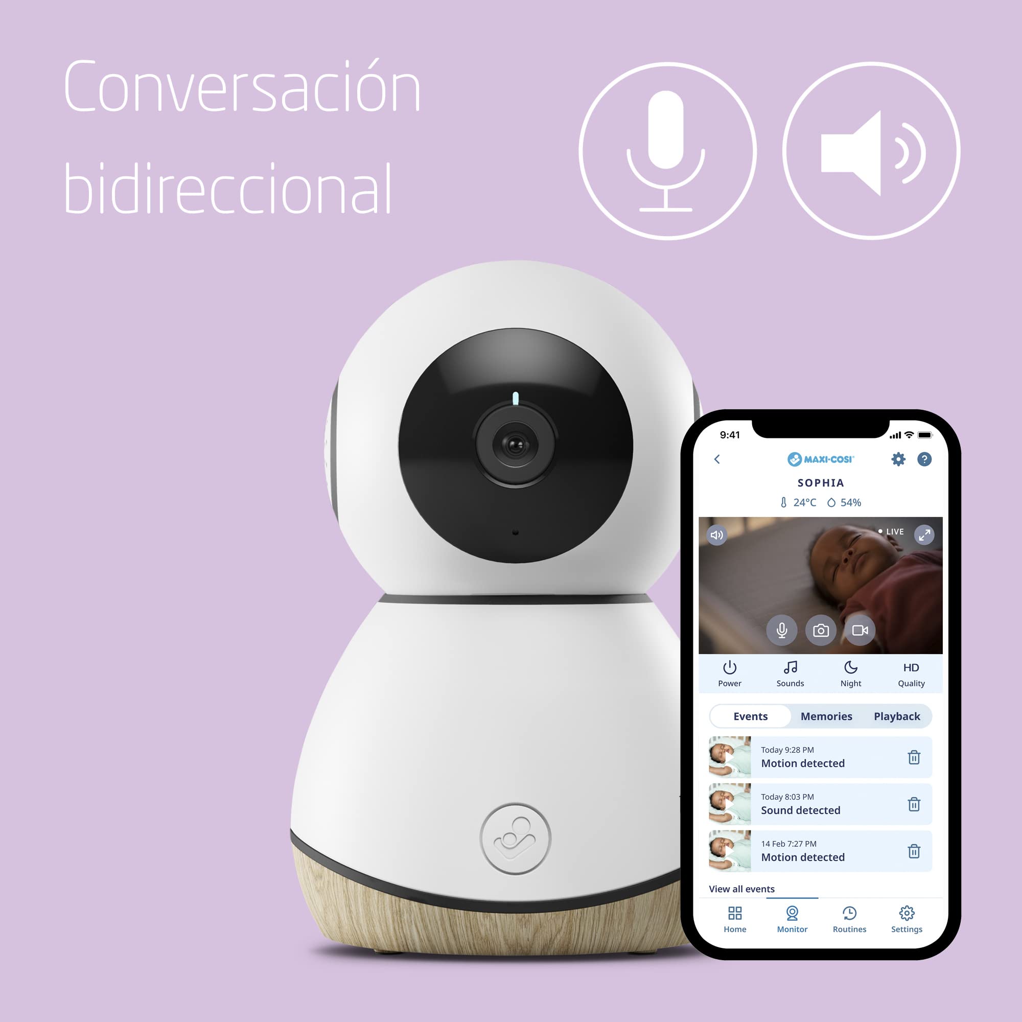 Maxi-Cosi See Cámara Vigilancia bebes wifi interior, Vigilabebes con cámara vision nocturna HD, vídeo y audio, sensor de movimiento y sonidos relajantes, detecta temperatura y humedad de la habitación
