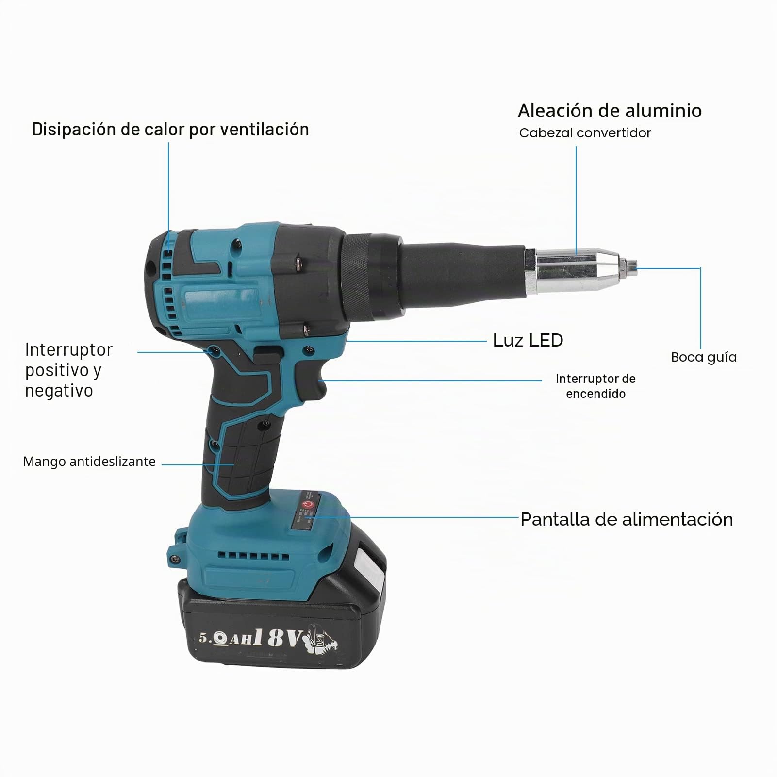 18V Pistola Remachadora Sin Cable, Pistola Remachadora Eléctrica Sin Escobillas LED Herramienta Manual Automática para Remachar Tuercas para la Industria (Sin batería)