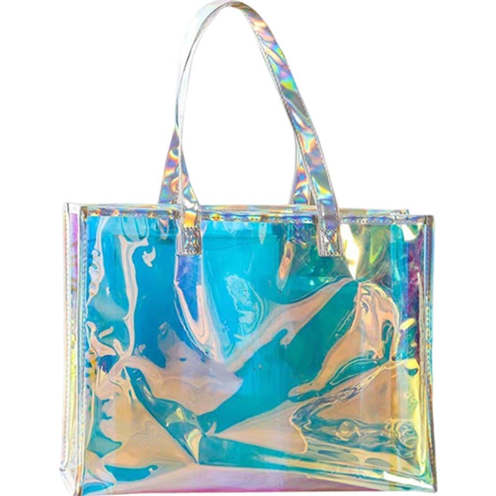 Sanfly Large Holographic Tote Bags with Handles Iridescent Beach Bags Waterproof Handbag Clear Beach Tote Bag for Work Stadium Travel