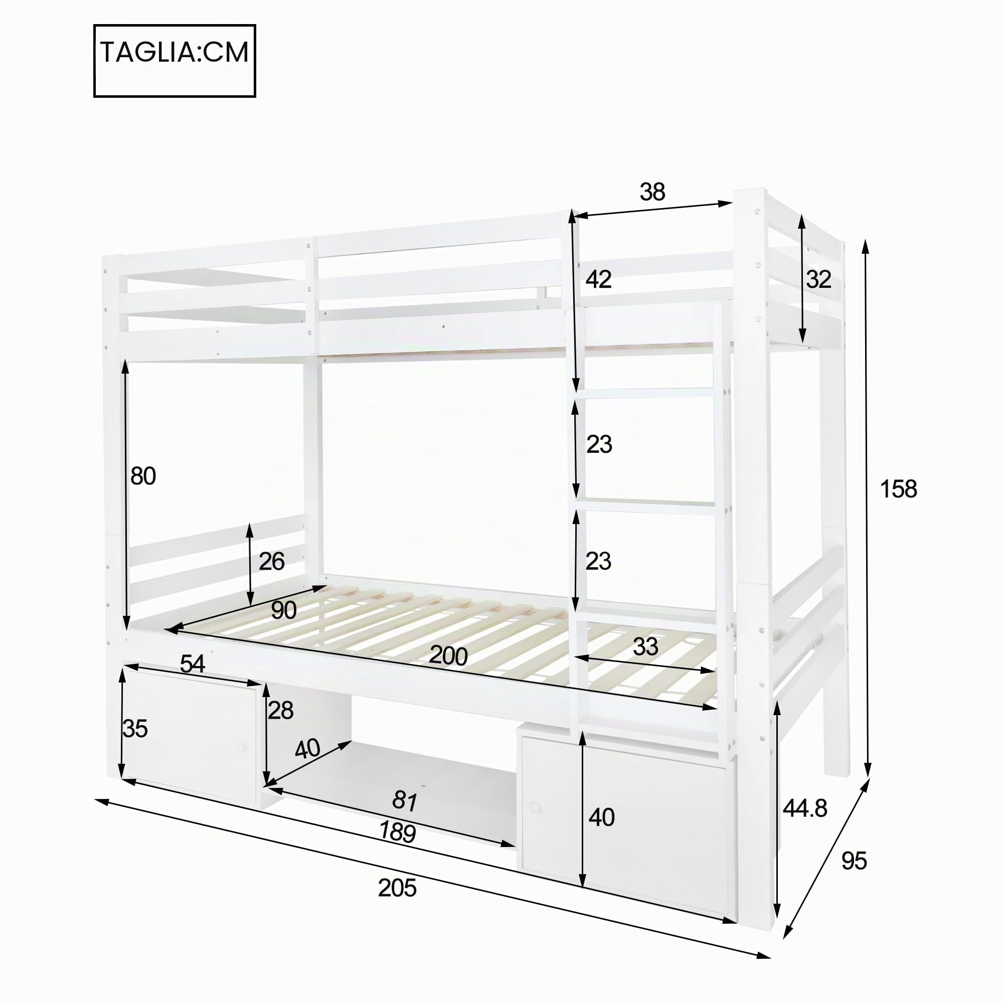 Rtopsu Letto per Bambini a Castello 90x200 cm, Letto per Ragazzi con Contenitore Cassetti e Scarpiera Scaffale, Letti a Soppalco con Scala, Letti con Rete a Doghe, Bianco, Senza Materasso