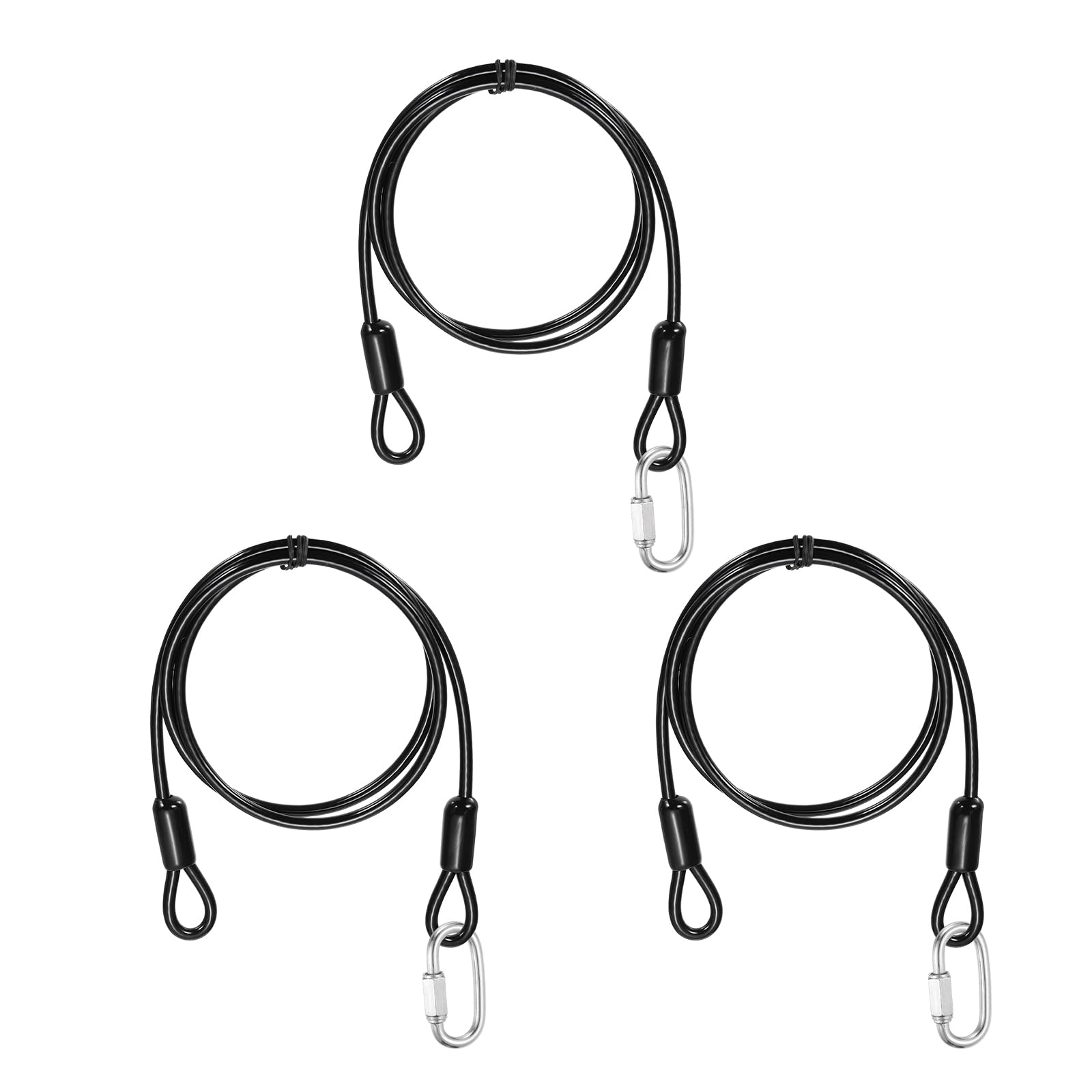 PATIKIL Security Cable Lock (5mm x 1m, 3.3ft, Black)(3 Set) Vinyl Coated 304 Stainless Steel Double Loop Flexible Wire Rope Safety Cable with Quick Links Locking Connectors