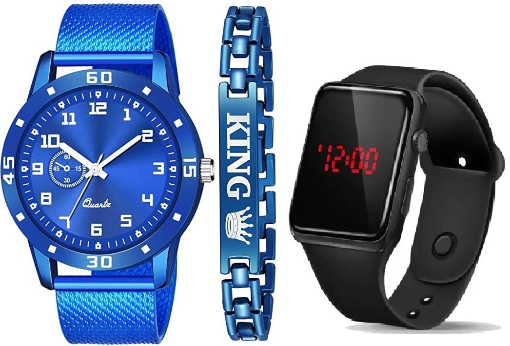 RPS FASHION WITH DEVICE OF RMulticolor Dial Sport PU Belt Watch & King Brecelet Pack of 3 Analog & Dgital Watch - for Boys & Girls