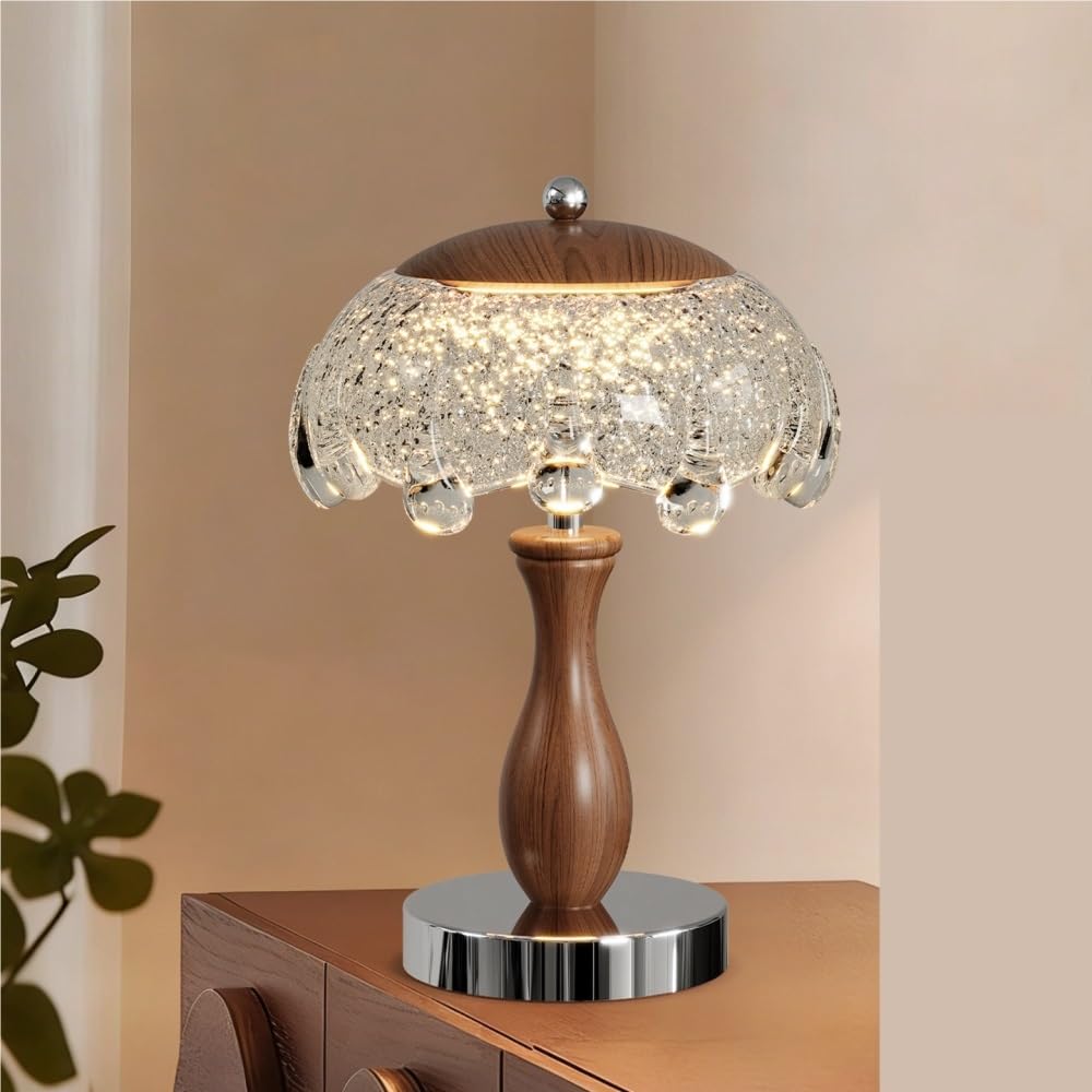 Lampada francese della metà del secolo, luce ambientale sul | Francese della metà del secolo, bocciolo di fiore, paralume in cristallo, base in ferro(Brown)