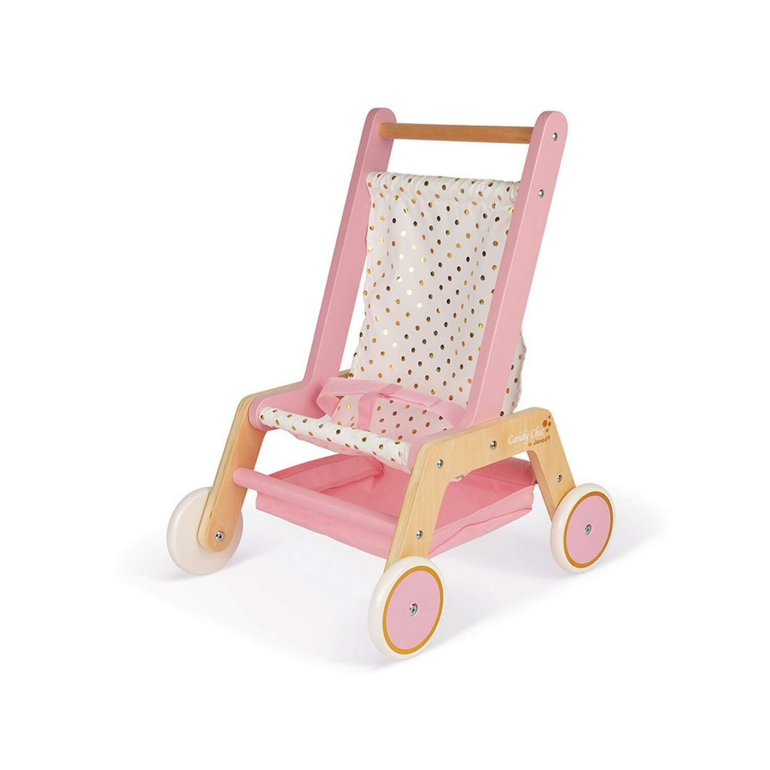 Janod - Candy Chic - Kinderwagen aus Holz für Puppen bis zu 42 cm - 3 Zubehörteile - Puppenzubehör - Ab 18 Monaten, J05890
