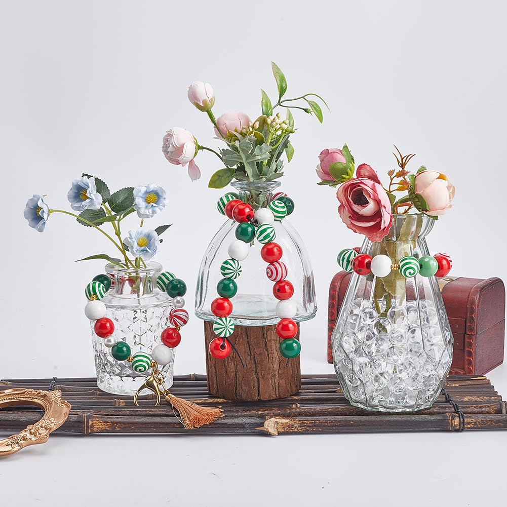 240 pz 9 stili Perline di Legno di Natale Rosso Verde Perline di Legno Assortite Verniciate Bianco Naturale Vacanze Invernali Rotonde Distanziatori Sfusi Caramelle per Braccialetti Gioielli F