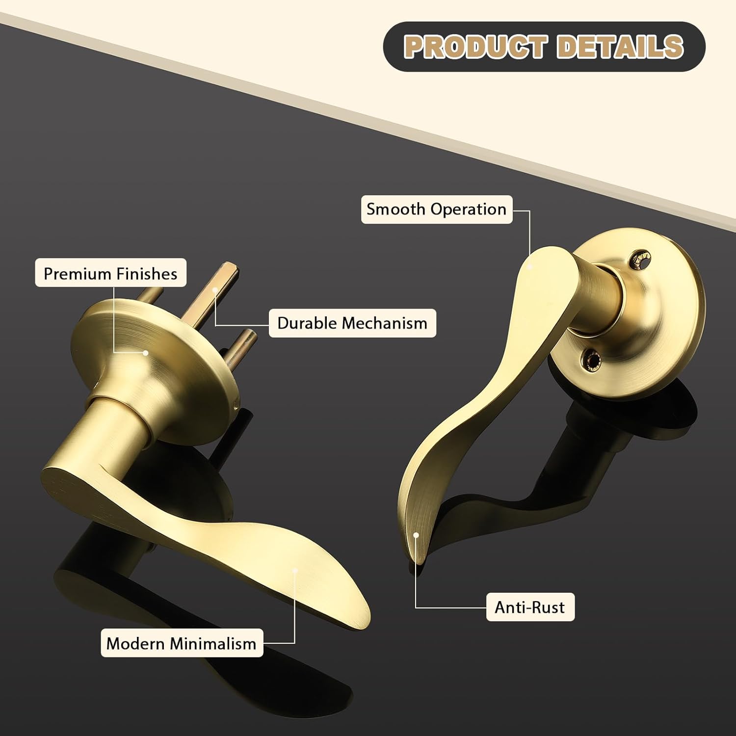GOBEKOR Gold Door Handles Interior Wave Passage Door Lever Brushed Gold Interior Door Handles for Hall Closet Reversilble for Left/Right-Handed Doors, Satin Brass(3 Pack)