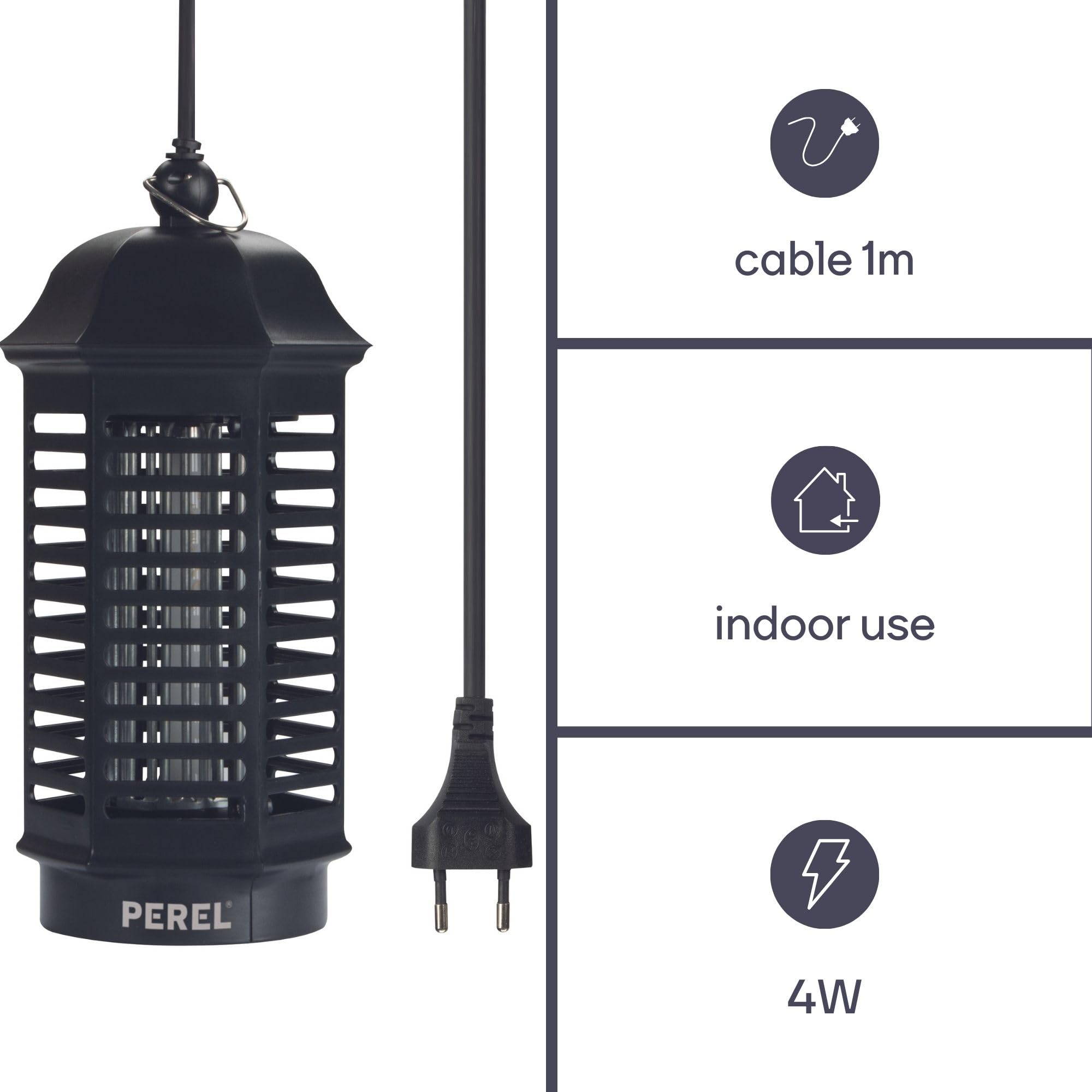 Perel Mata Insectos LED UV eléctrico, Rejilla 1000V, Funcionamiento silencioso, Bandeja extraíble, Cobertura Interior 25 m², diseño Seguro para el hogar