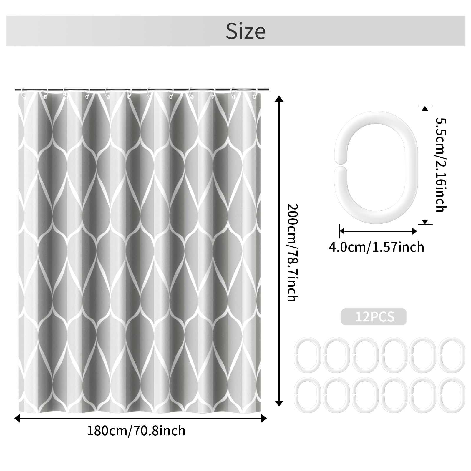 AwmnSrman Shower Curtain - Grey Shower Curtain with 12 Shower Curtains Hooks, Quick-Drying Modern Elegant Design Polyester 180 x 200cm - Image 2