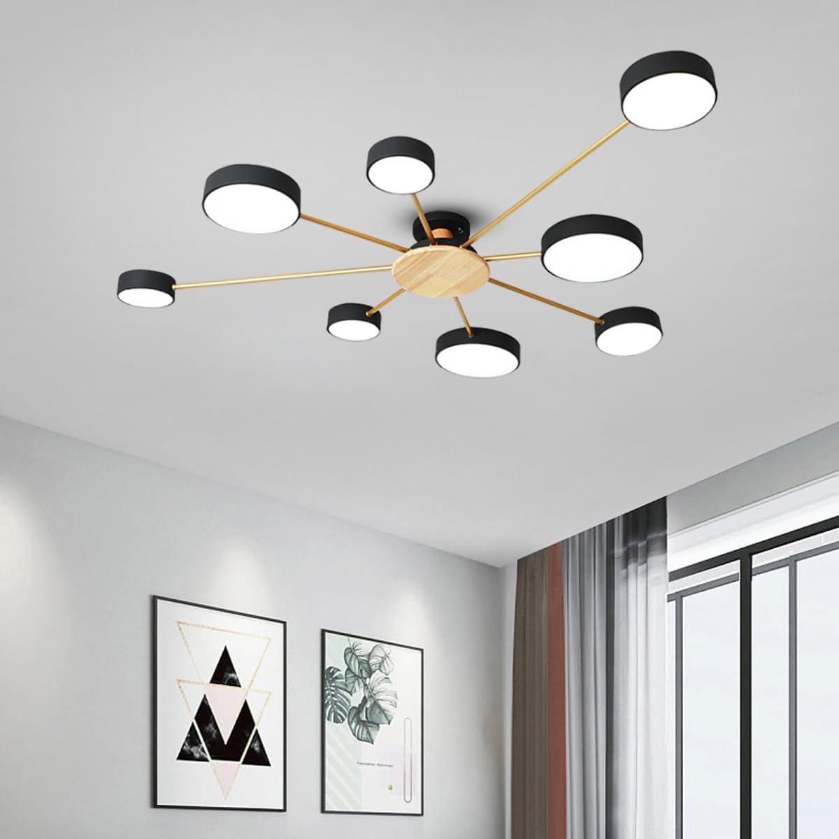 96W Dimmable Led Ceiling Light, 3000K-6000K Three Color Temperature Modern Pendant Lamp, 8 Lights Black, 48.4 Inches, Close to The Ceiling, Suitable for Living Room Bedroom Dining Room Office