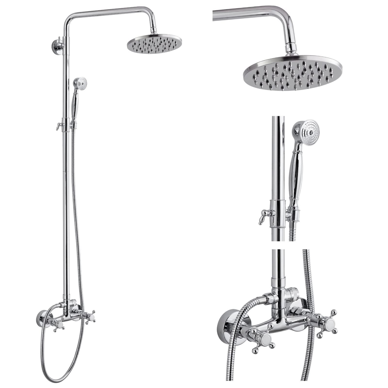 Hcfyauis Polished Chrome Dual Functions Exposed Pipe Shower System Round 8 Inch Rainfall Shower Head Brass Fixture Combo Set Two Handles Bathroom Shower Faucet Adjustable Showerhead Bar,