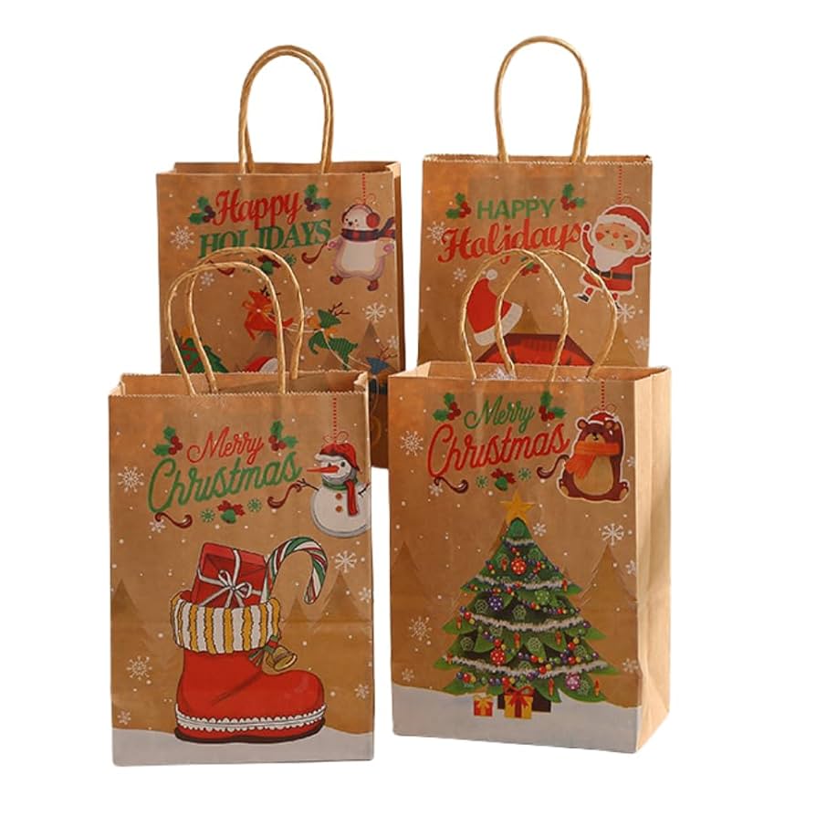クリスマス ラッピング 袋 紙袋 12枚セットマチありかわいい 丸紐 おしゃれ Amazon | クリスマス ラッピング 袋 小 12枚入れ4種類 紙袋21cm