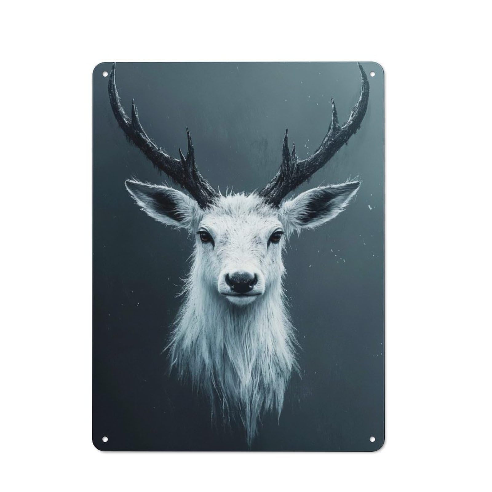 Junmoney Style-20 White Deer Portrait With Dark Antlers Modern Vintage Metal Wall Decor 40X30cm, Tin Sign For Hobby Room, Office, Lounge Or Living Room