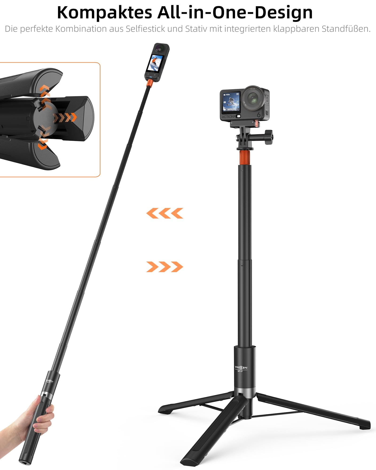 Unsichtbarer Selfie-Stick Stativ für Insta360 X5/X4/GO3S, DJI Osmo 360 usw. | für Actionkamera, 28,7~147,5cm Längenverstellbar, Multifunktional, Leicht, für Vlogs, Reise, Wandern, Skifahren, Gruppenfotos