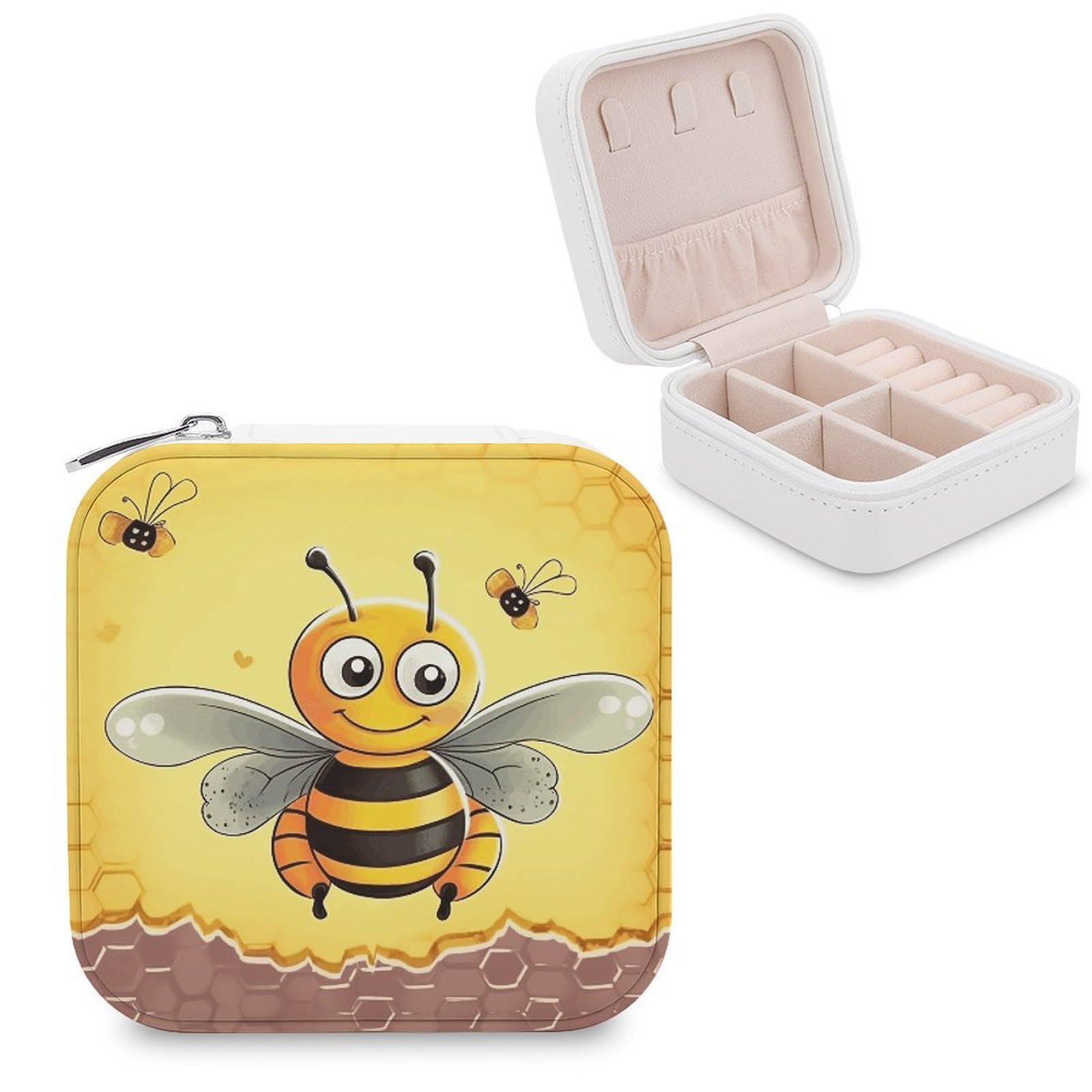 FekiLoot Bee on The Square Jewelry Case Personalized Leather Jewelry Box Mini Travel Jewelry Case Small Portable Jewelry Organizer for Ring Earrings Necklace Bracelet