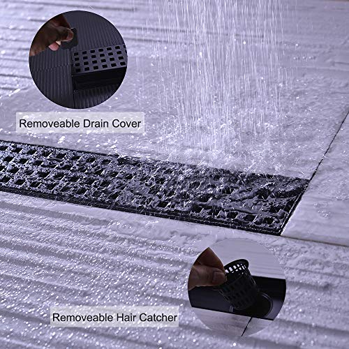 Nicmondo Linear Shower Drain 24 Inch, Bathroom Rectangular Floor Drain With Removable Cover Grid Grate, Adjustable Leveling Feet, Hair Strainer, Sus304 Stainless Steel Trench Drains, Black #TOP5