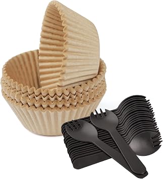 100PCS Standard Natural Cupcake Liners with 100 Plastic Spoons for Baking Cupcakes and Muffins 100, Natural, Small
