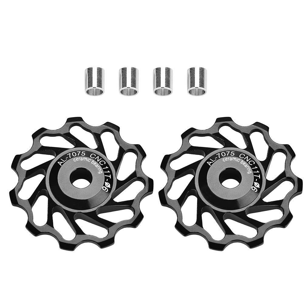 Derailleur Pulley, 2Pcs 11T/13T Guide Roller Ceramic Bearing Rear Pulley Wheel with Hole Adapter (11T-Black)