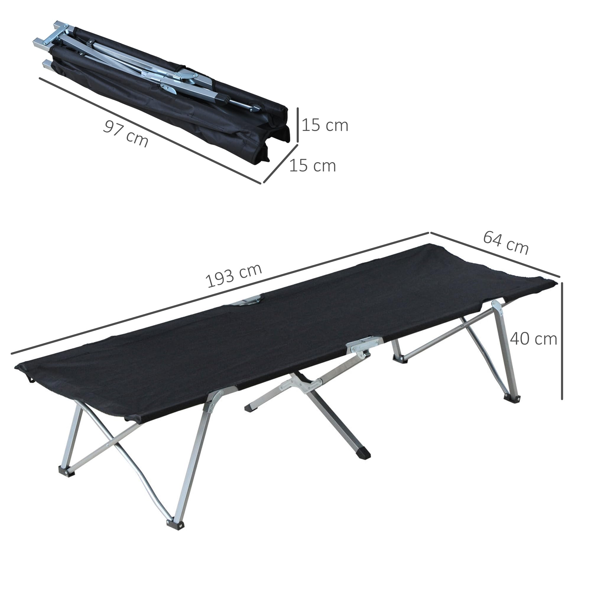 Outsunny Cama de Camping Plegable Cama de Acampada de Tela Oxford 600D con Marco Metálico Carga 136 kg para Playa Senderismo 193x64x40 cm Negro