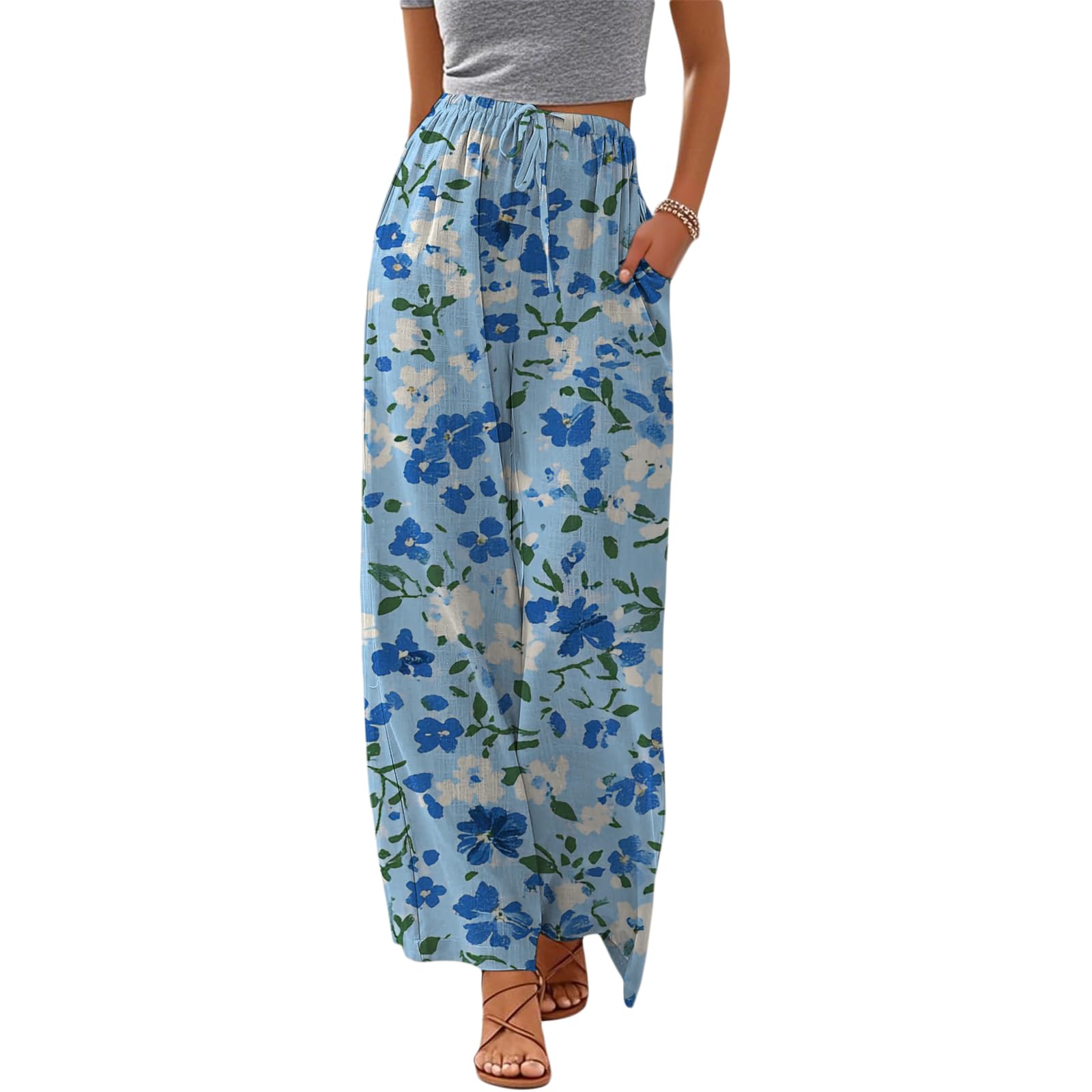 Womens Casual Wide Leg Pants for Women Boho Floral Linen Palazzo Pants Drawstring Elastic…